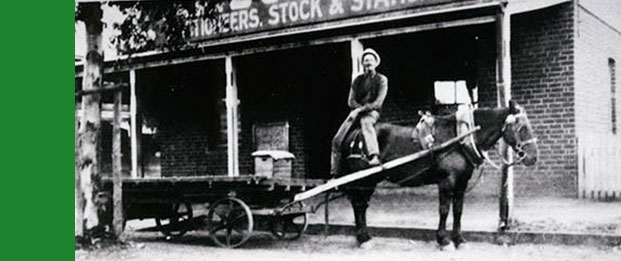 Alf Graham sitting on a horse in front of A. K. Butter & Co., Dandaloo Street, Trangie 